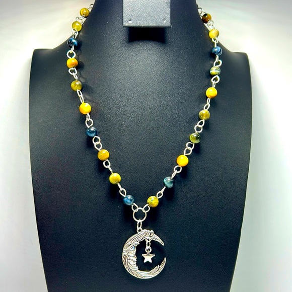 Handmade Moon & Star Pendant Necklace with Natural Tiger Eye Stones! - Picture 2 of 7